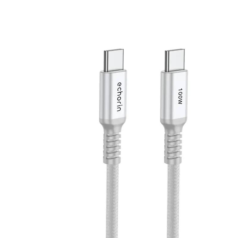 Echorin 100W Type-C to Type-C PD Hızlı Şarj Kablosu (2 Metre) - Çift Kat Örgülü Gümüş