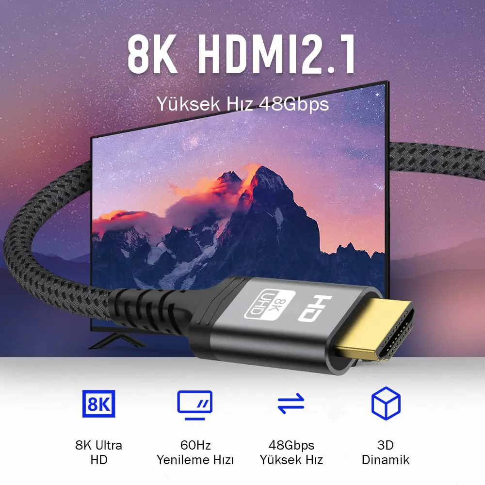 Echorin 8K Ultra High Speed HDMI 2.1 Kablo (3 Metre) - 48Gbps 4K@120Hz/144Hz