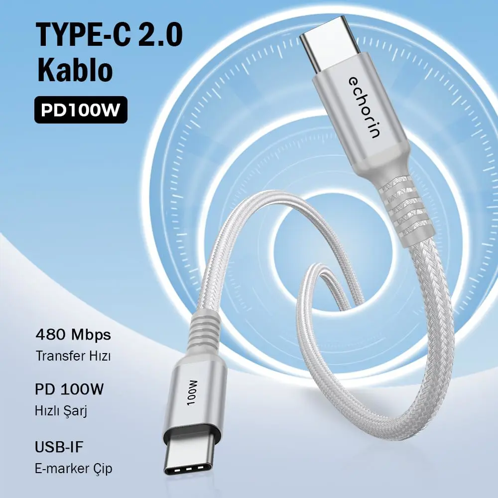 Echorin 100W Type-C to Type-C PD Hızlı Şarj Kablosu (2 Metre) - Çift Kat Örgülü Gümüş