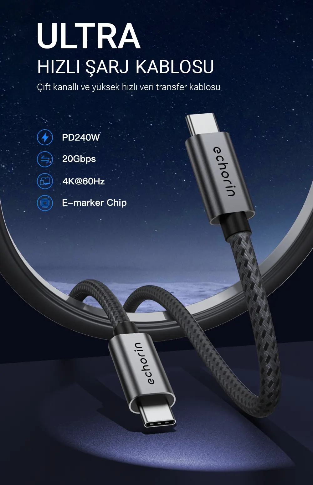 Echorin 240W Type-C to Type-C PD 3.1 Ultra Hızlı Şarj Kablosu (1 Metre)