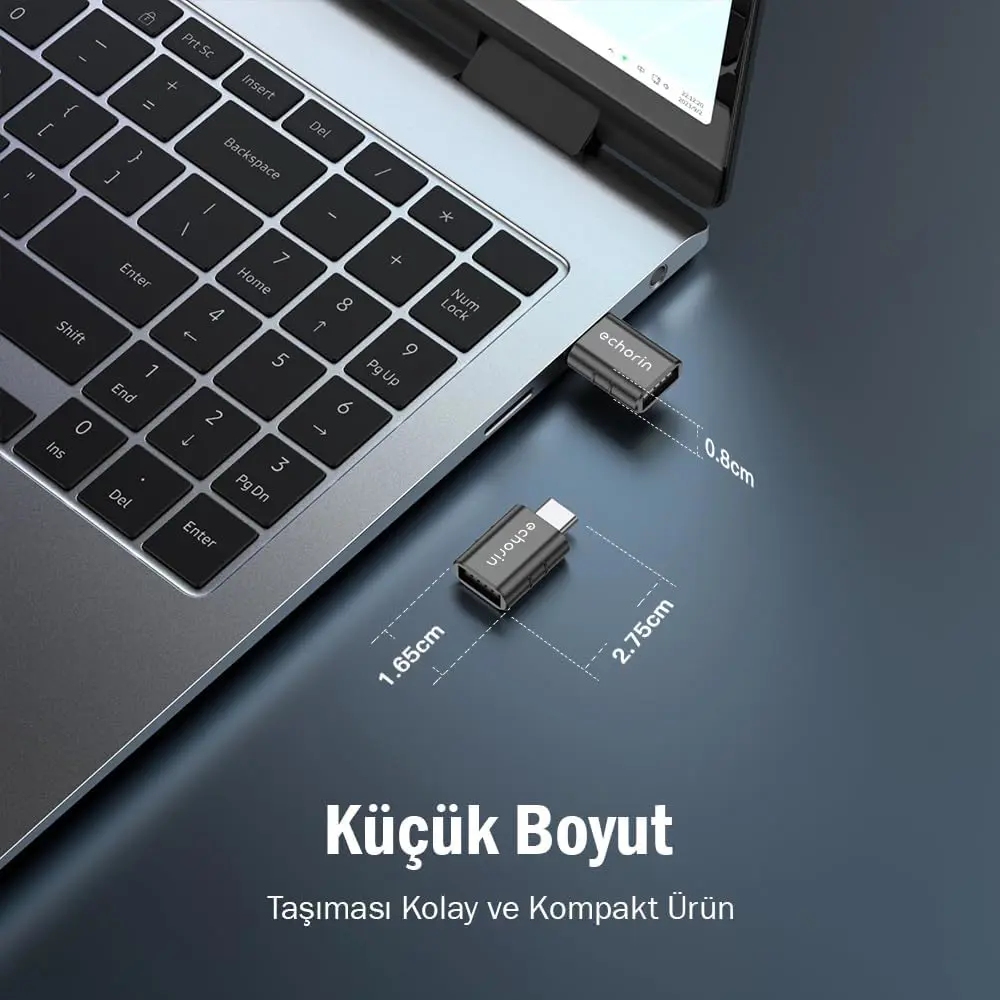 Echorin (İkili Paket) OTG Akıllı Giriş USB 3.0 to Type-C Dönüştürücü Adaptör (5Gbps) - Metalik Gri
