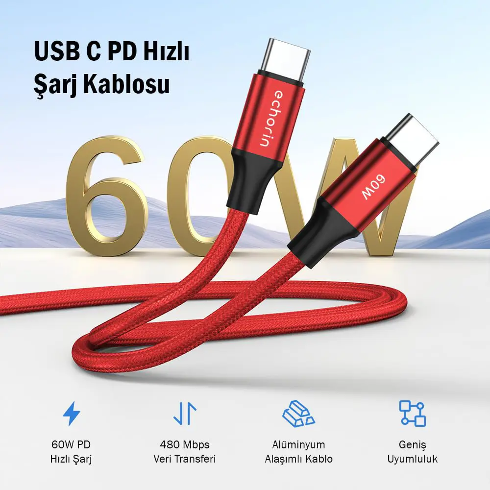 Echorin 60W Type-C to Type-C PD 2.0 Hızlı Şarj Kablosu (1 Metre) - Çift Kat Örgülü Kırmızı