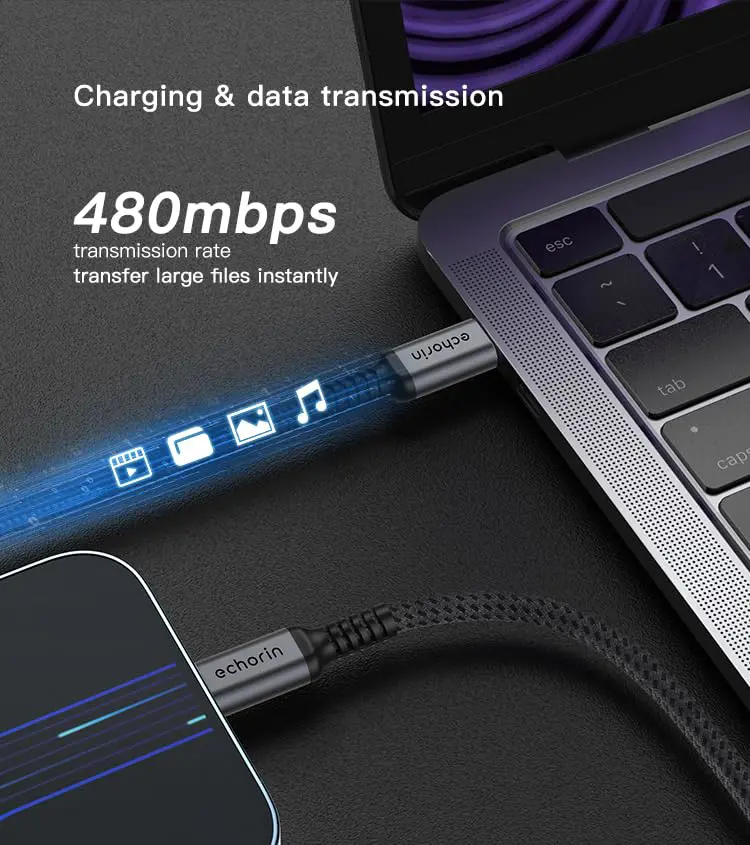 Echorin 100W Type-C to Type-C PD Hızlı Şarj Kablosu (2 Metre) - Çift Kat Örgülü Gri