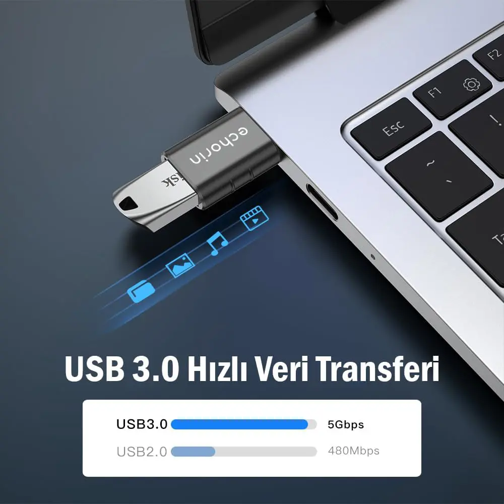 Echorin (İkili Paket) OTG Akıllı Giriş USB 3.0 to Type-C Dönüştürücü Adaptör (5Gbps) - Metalik Gri