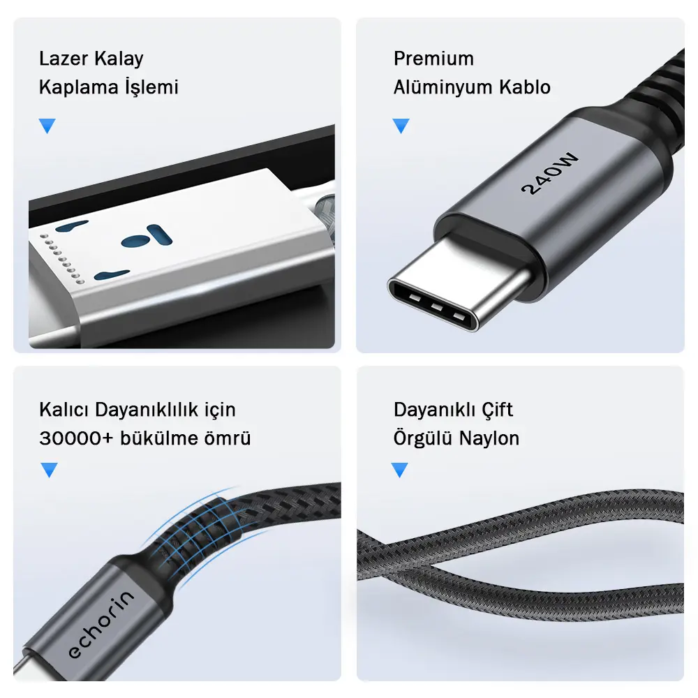 Echorin 240W Type-C to Type-C PD 3.1 Hızlı Şarj Kablosu (3 Metre) - Alüminyum Örgülü