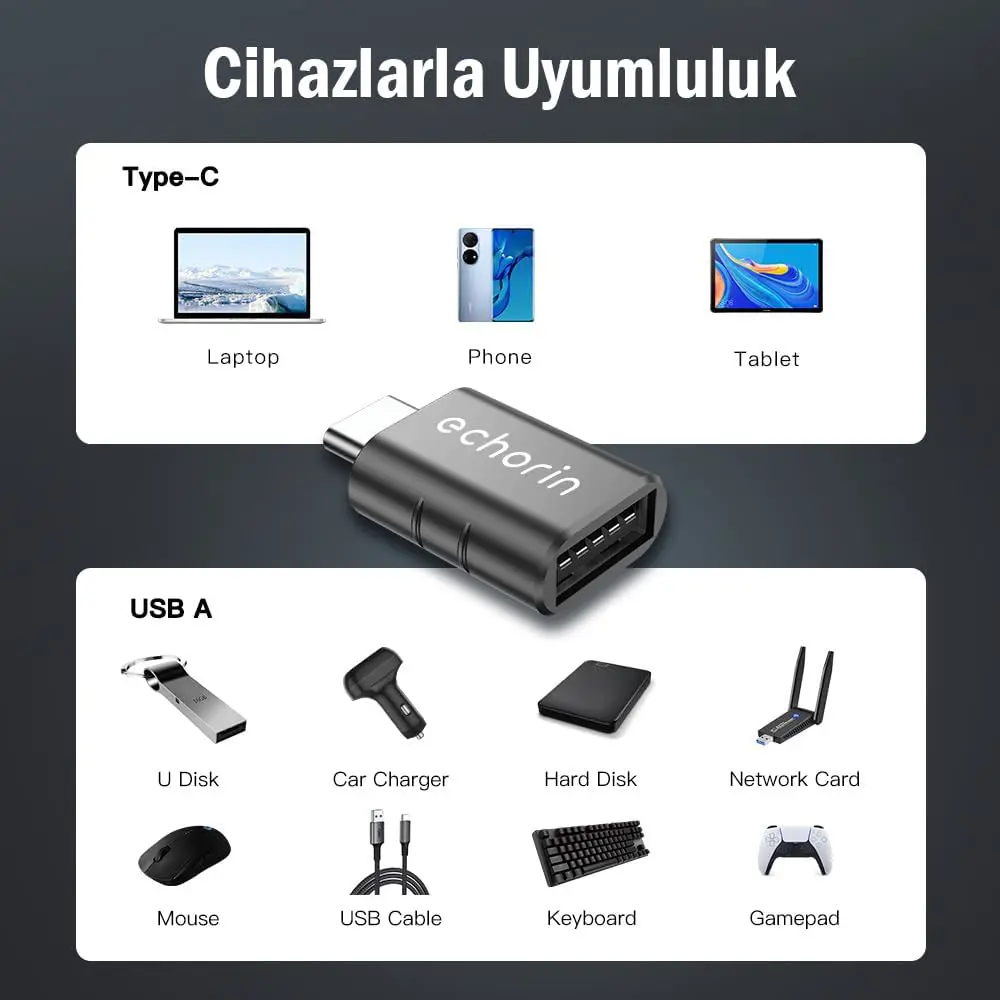 Echorin OTG Akıllı Giriş USB 3.0 to Type-C Dönüştürücü Adaptör (5Gbps) - Metalik Gri
