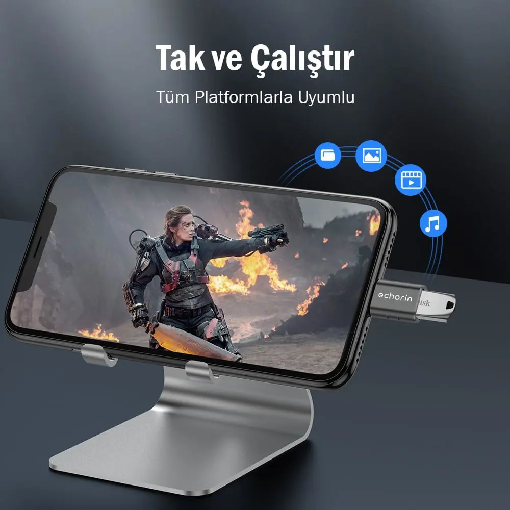 Echorin (İkili Paket) OTG Akıllı Giriş USB 3.0 to Type-C Dönüştürücü Adaptör (5Gbps) - Metalik Gri