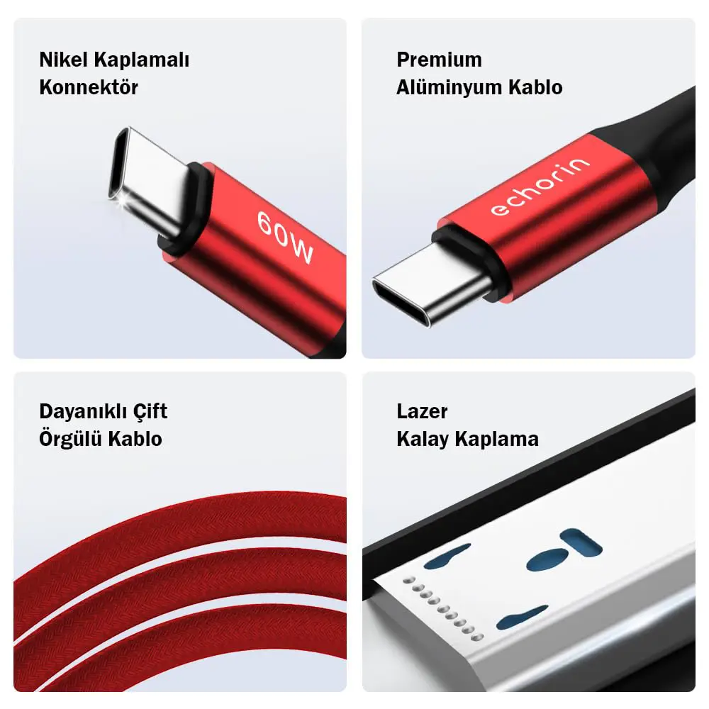 Echorin 60W Type-C to Type-C PD 2.0 Hızlı Şarj Kablosu (1 Metre) - Çift Kat Örgülü Kırmızı