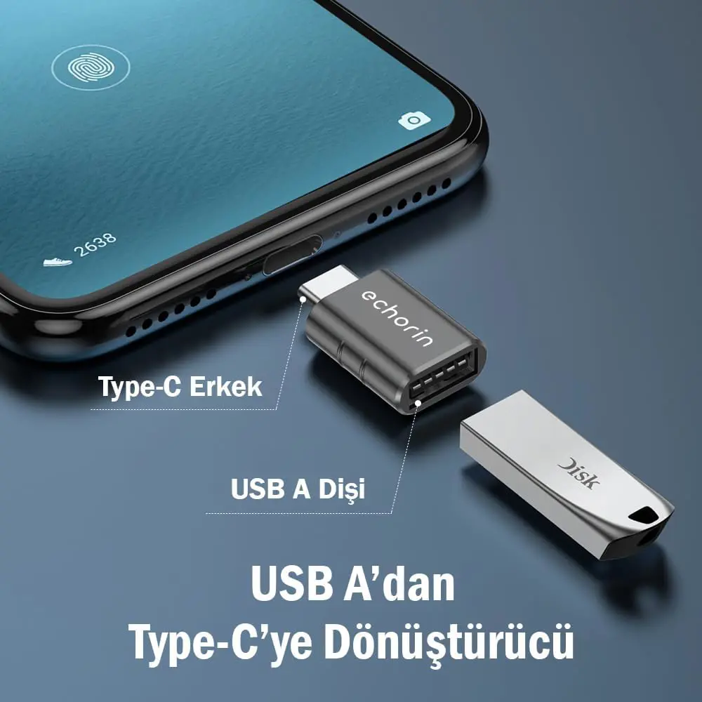 Echorin OTG Akıllı Giriş USB 3.0 to Type-C Dönüştürücü Adaptör (5Gbps) - Metalik Gri
