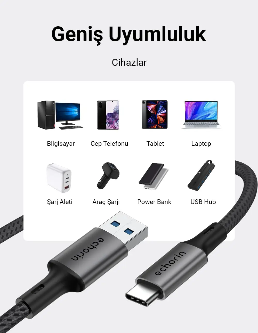 Echorin USB 3.0 USB-A to Type-C 5Gbps Yüksek Hızlı Veri ve Şarj Kablosu (1 Metre) - Gri