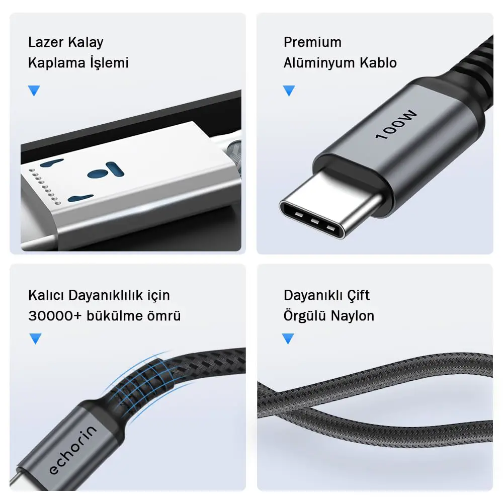 Echorin 100W Type-C to Type-C PD Hızlı Şarj Kablosu (2 Metre) - Çift Kat Örgülü Gri